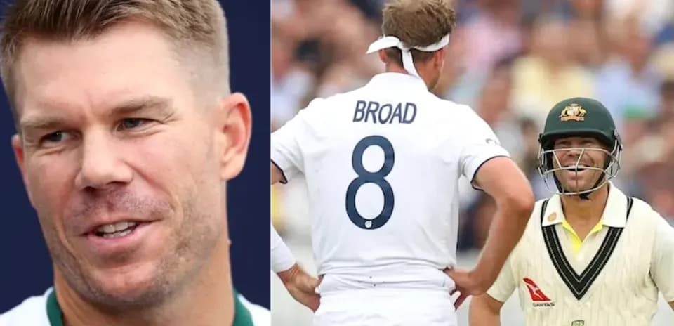David Warner smiling during match with Stuart Broad