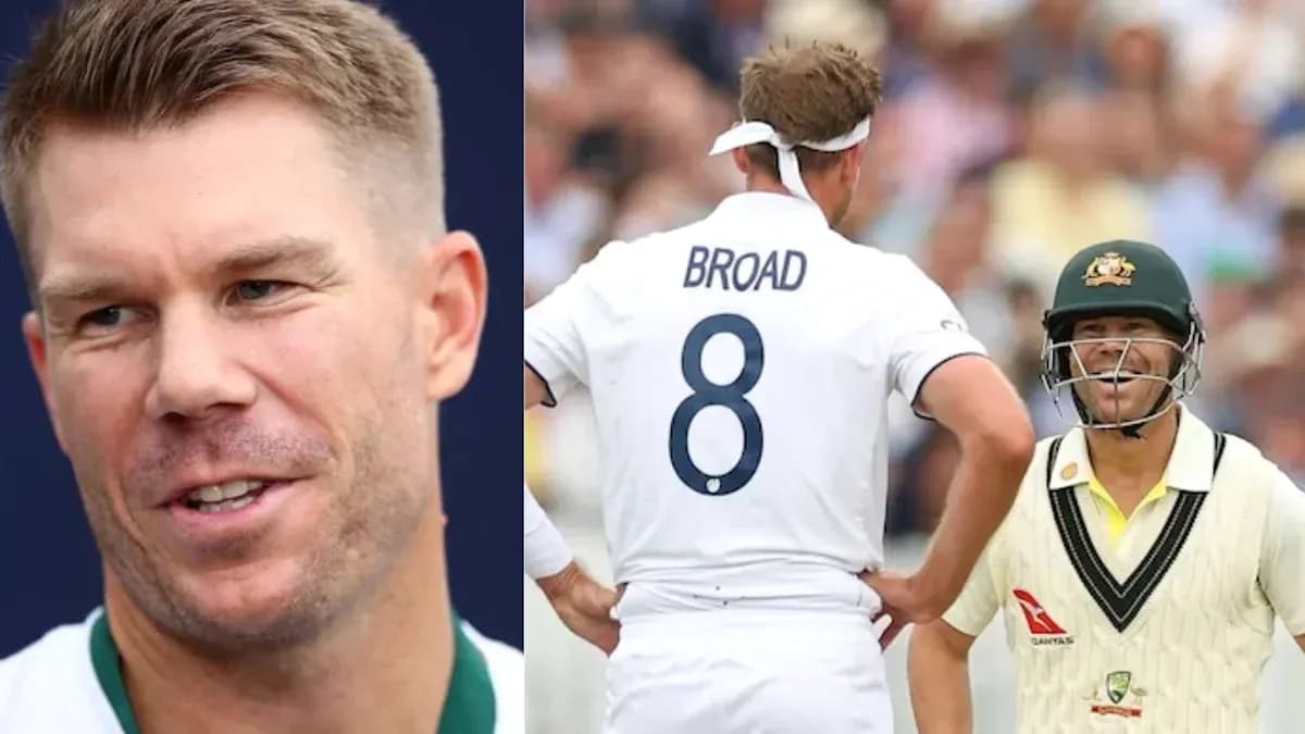 David Warner smiling during match with Stuart Broad