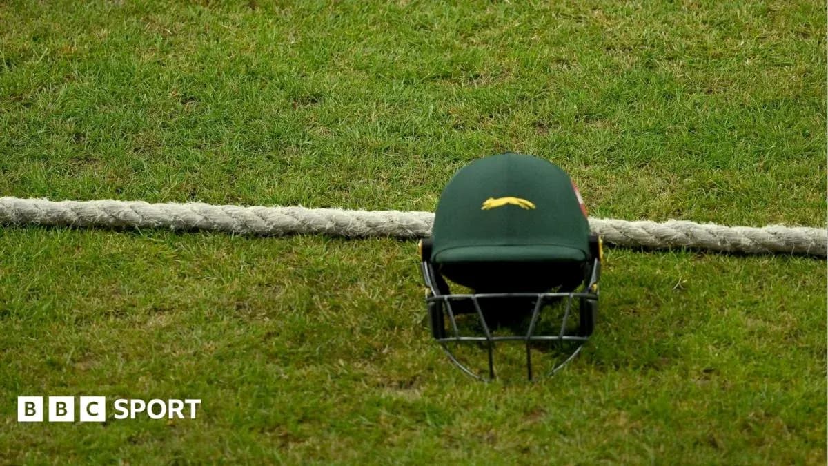 Cricket helmet resting on grass near boundary rope