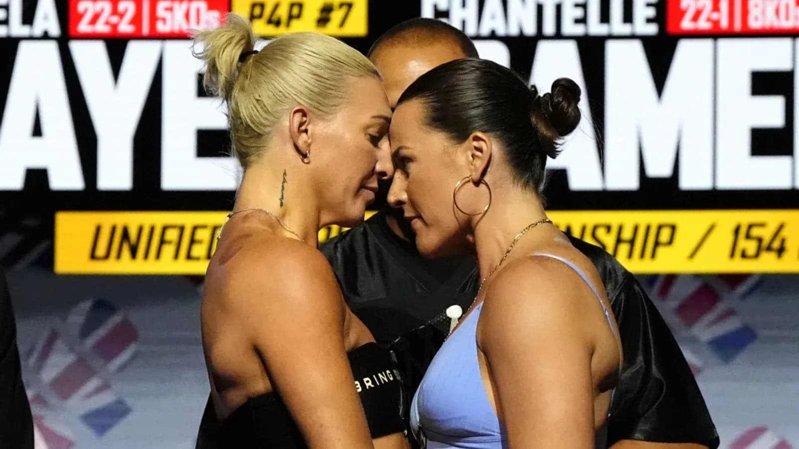 Two boxers facing off at weigh-in event