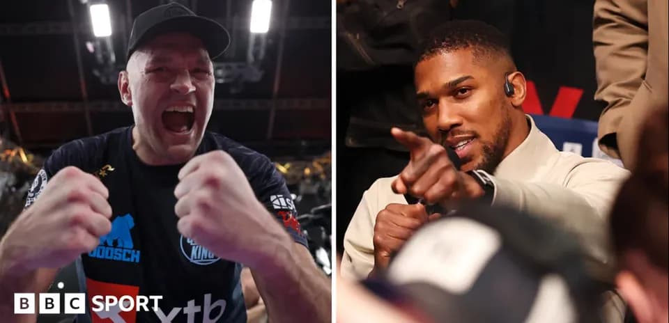 Tyson Fury celebrating and Anthony Joshua pointing