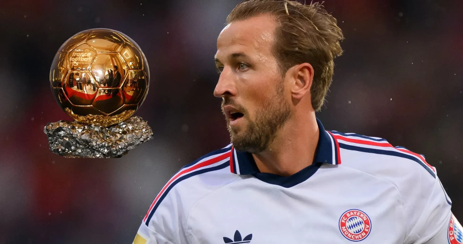Player in Bayern Munich kit with Ballon d'Or trophy