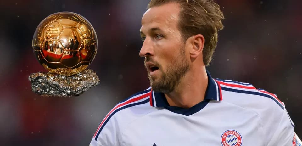 Player in Bayern Munich kit with Ballon d'Or trophy