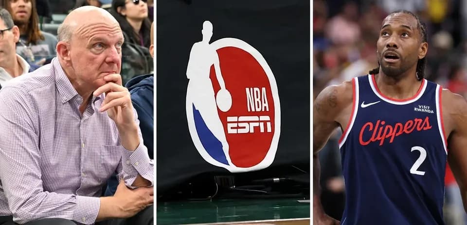 Steve Ballmer, NBA logo, Kawhi Leonard on court