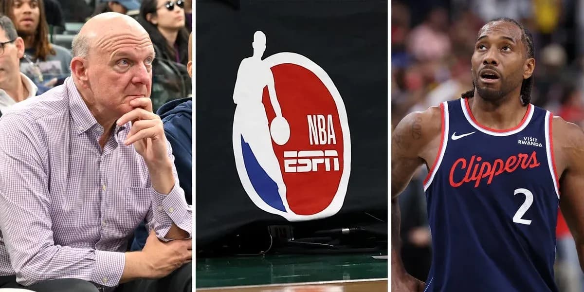 Steve Ballmer, NBA logo, Kawhi Leonard on court