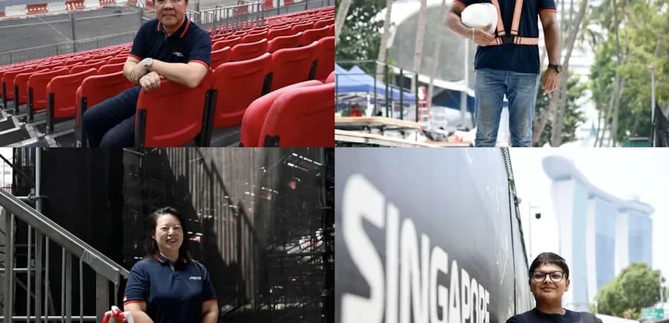 Four individuals in a stadium setting preparing for event