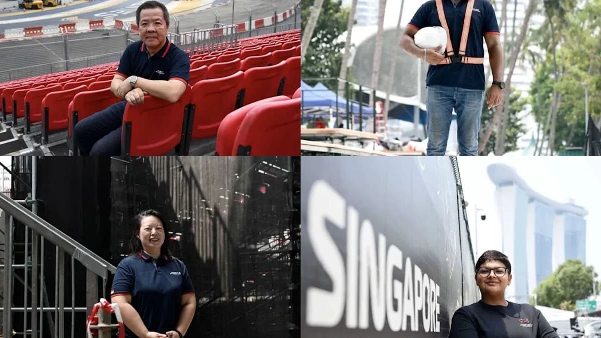 Four individuals in a stadium setting preparing for event