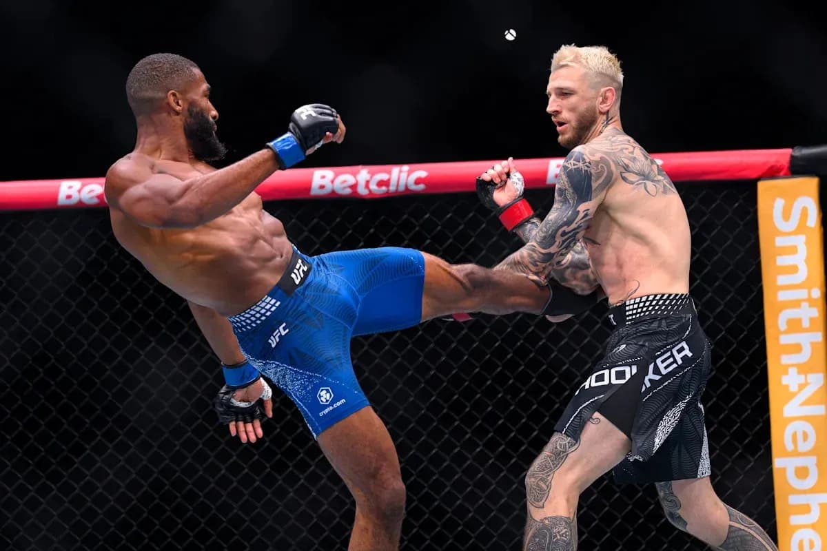 Two fighters exchanging kicks in UFC match