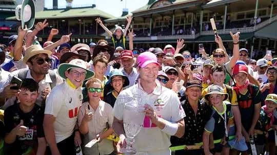 Steve Smith celebrating with fans after match victory