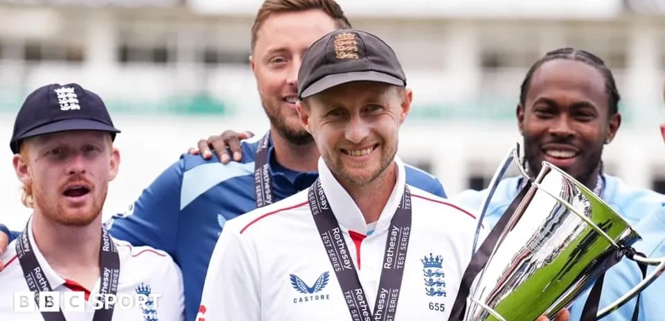 England cricket team celebrating with trophy after victory