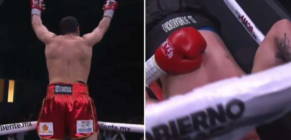 Boxer celebrating victory over fallen opponent in ring