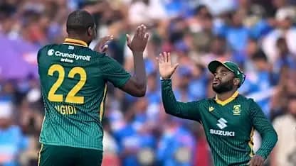 South African players celebrating a wicket on field