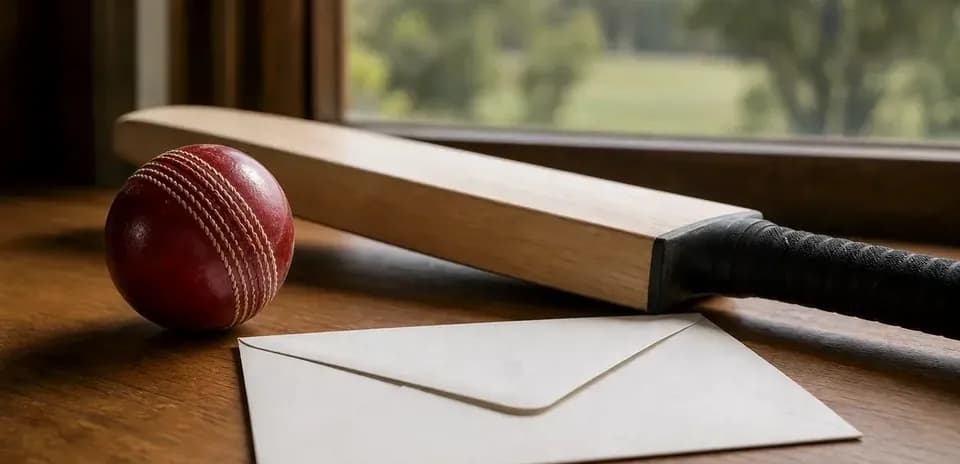 Cricket bat, ball, and envelope on a table