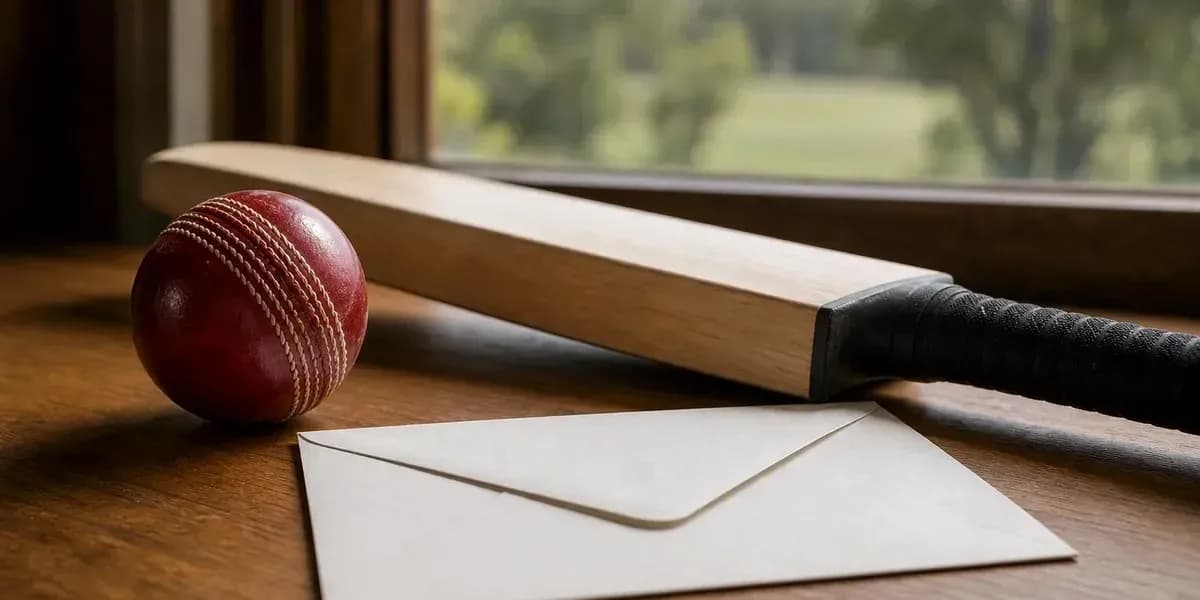 Cricket bat, ball, and envelope on a table