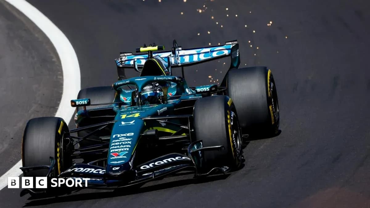 Formula 1 car racing on track with sparks flying