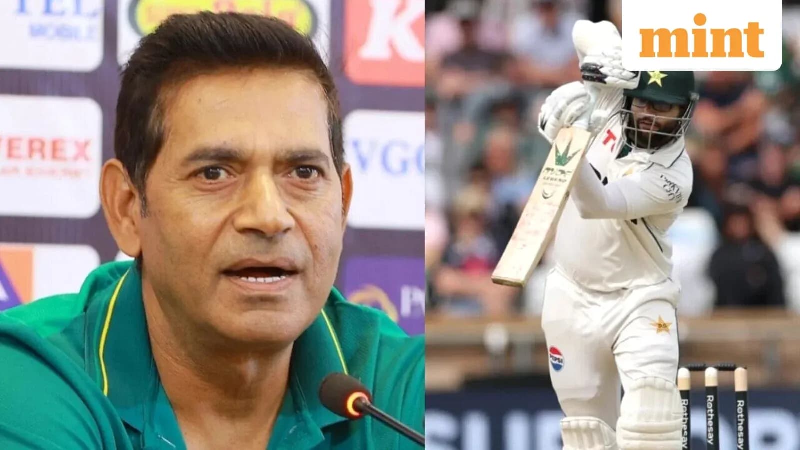 Cricketer batting during match; coach speaking at press conference