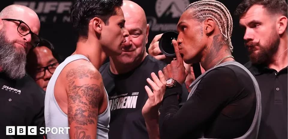 Two boxers facing off at a weigh-in event