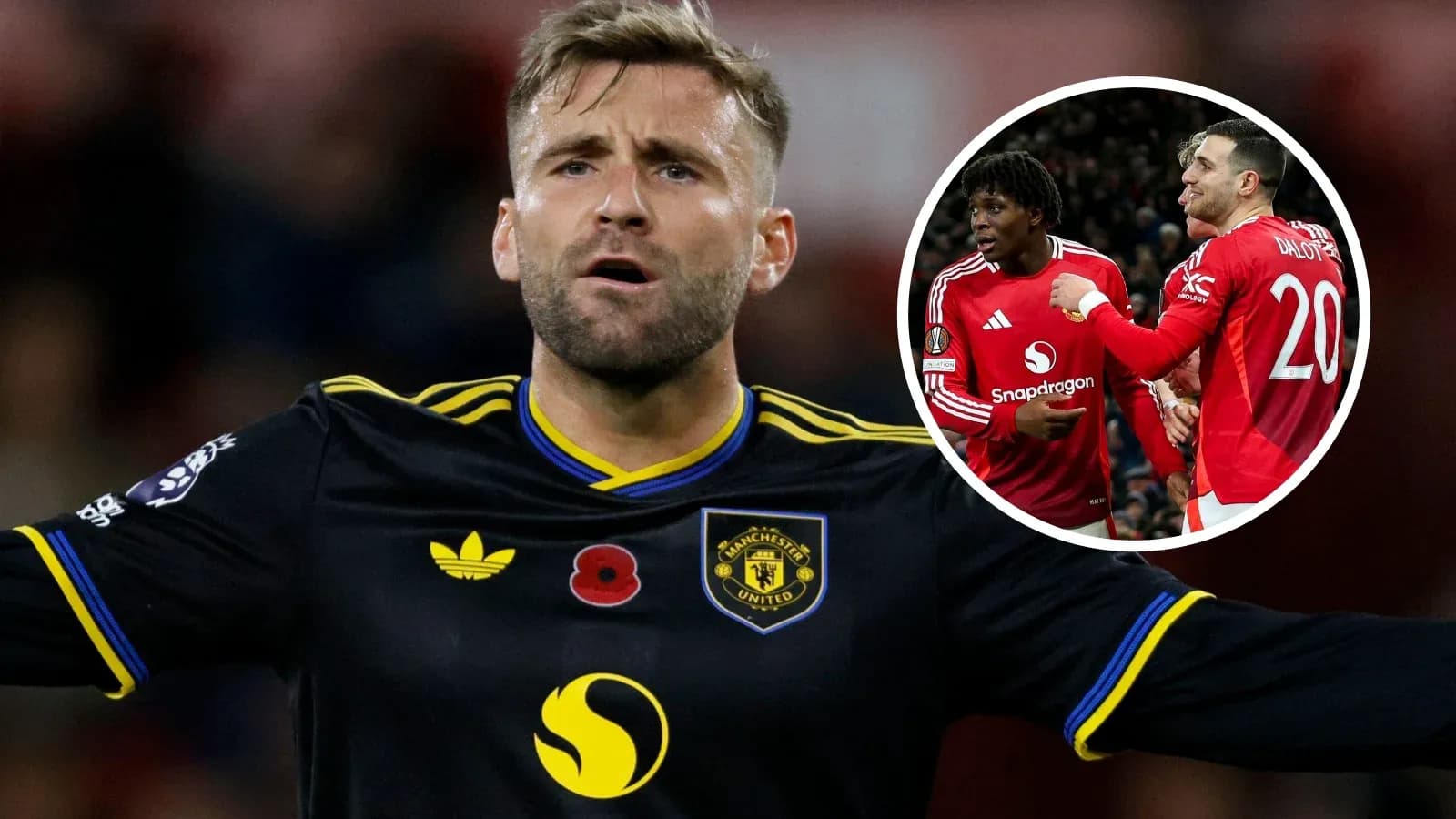Luke Shaw celebrating during a match for Manchester United