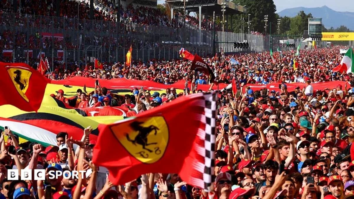 Crowd of fans waving Ferrari flags at race