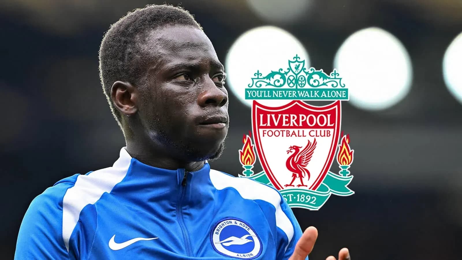 Brighton player with Liverpool logo in background