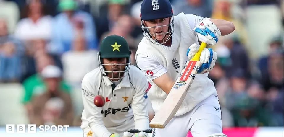 Batsman playing a shot while bowler prepares to catch