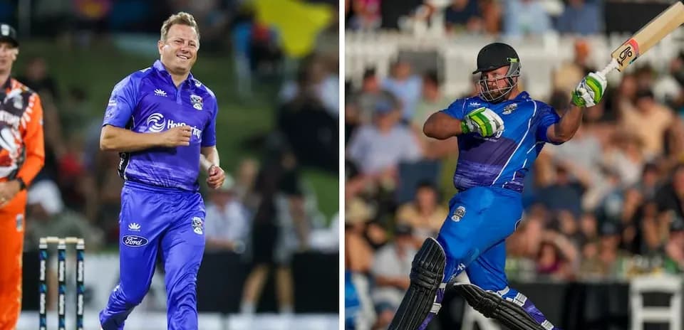 Cricketers bowling and batting during a match