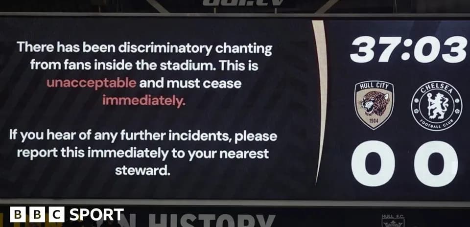 Scoreboard announcing discriminatory chanting incident