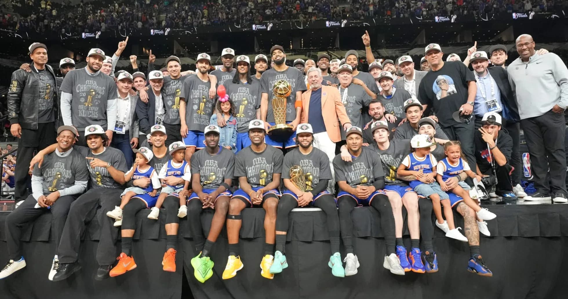 New York Knicks celebrating NBA championship with trophy