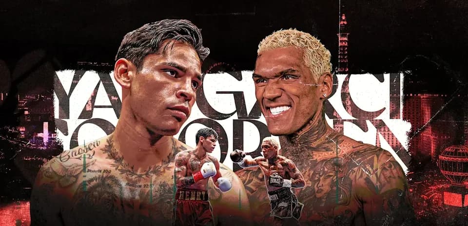 Two boxers facing off with city skyline background