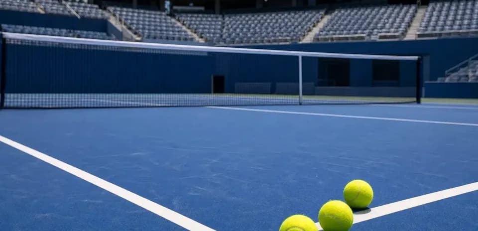 Three tennis balls on blue court near net