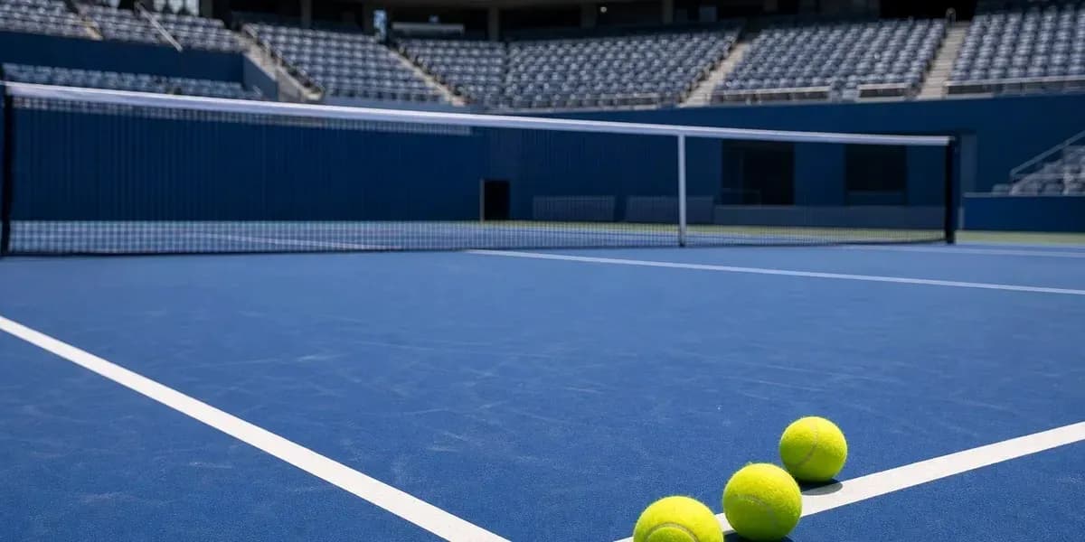Three tennis balls on blue court near net