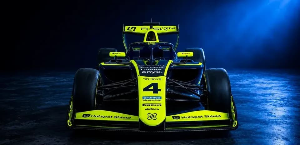 Front view of a racing car in dark setting