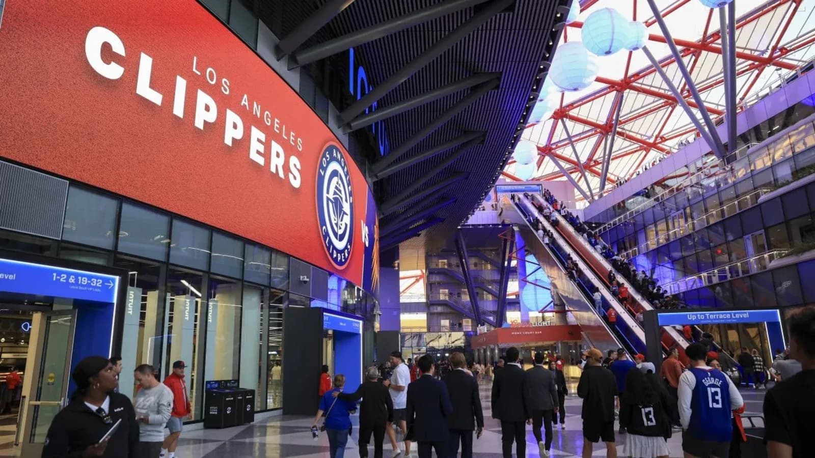 Entrance of arena with Los Angeles Clippers signage
