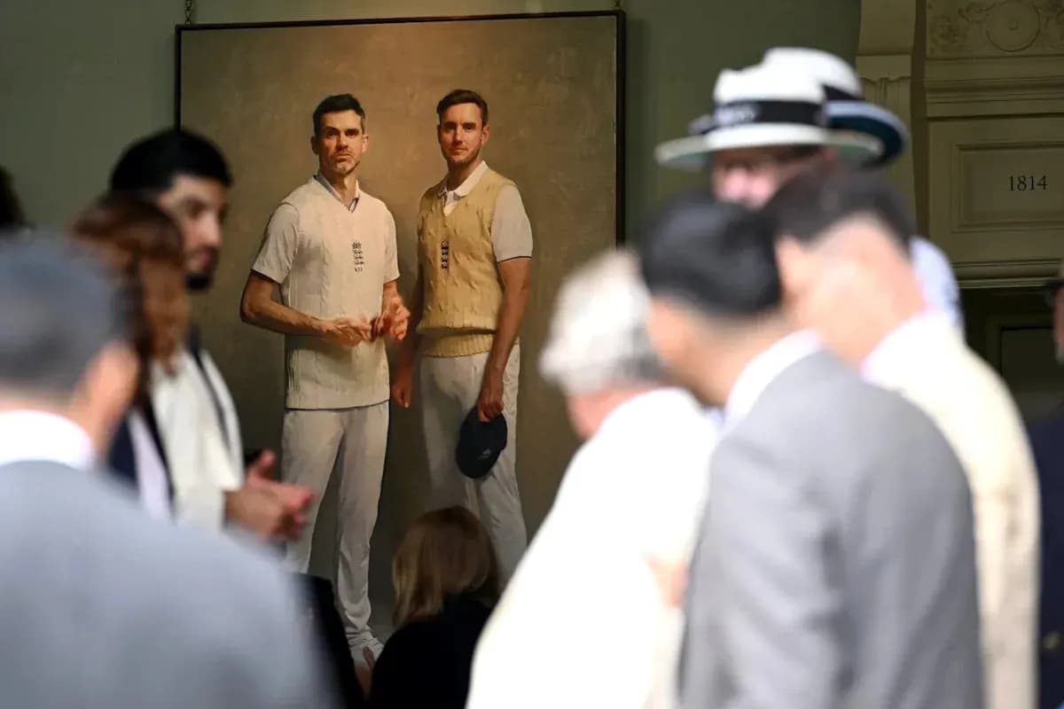 Crowd at event with cricket portrait in background