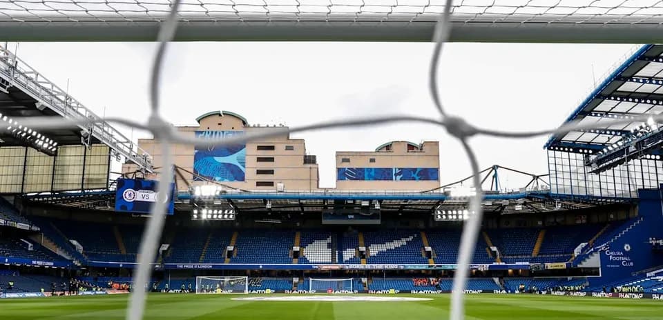 View of Stamford Bridge stadium through goal netting