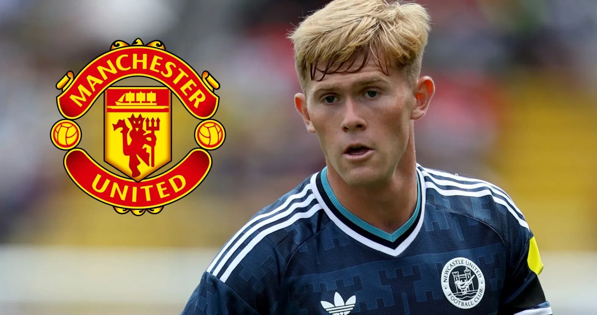 Player wearing Newcastle United kit near Manchester United logo
