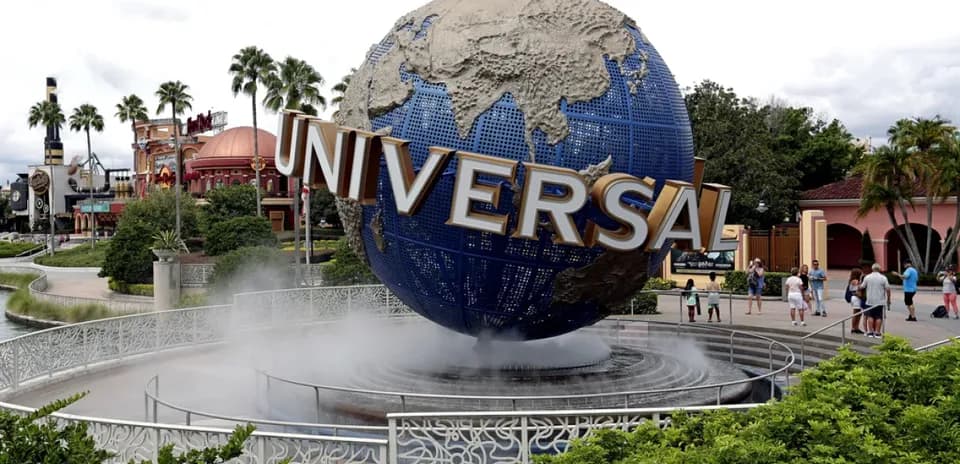 Universal Studios globe with visitors in background