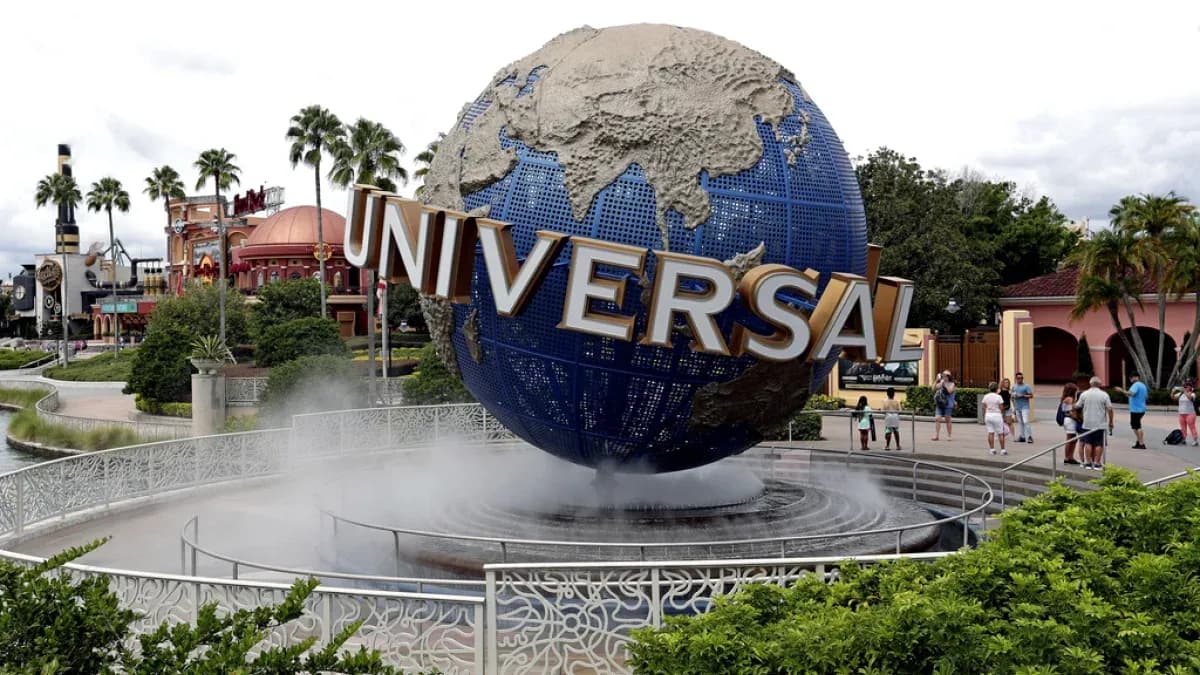 Universal Studios globe with visitors in background