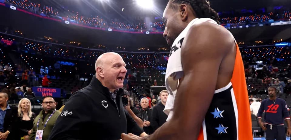 Steve Ballmer and Kawhi Leonard celebrating Clippers victory