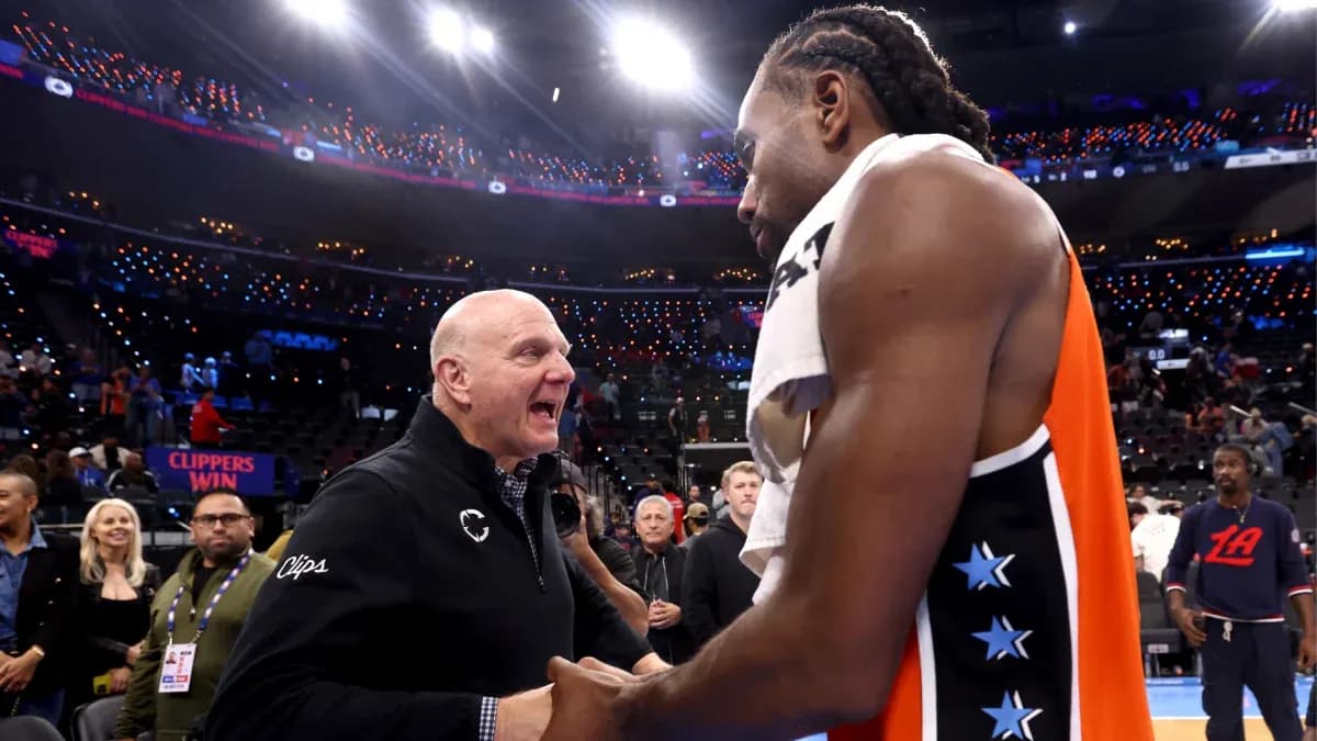 Steve Ballmer and Kawhi Leonard celebrating Clippers victory