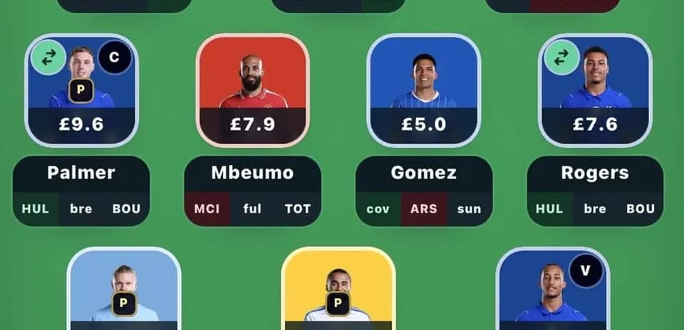 Fantasy football team selection screen with player stats