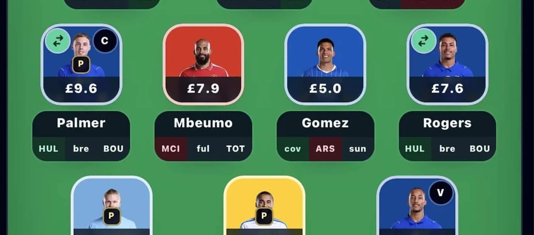 Fantasy football team selection screen with player stats