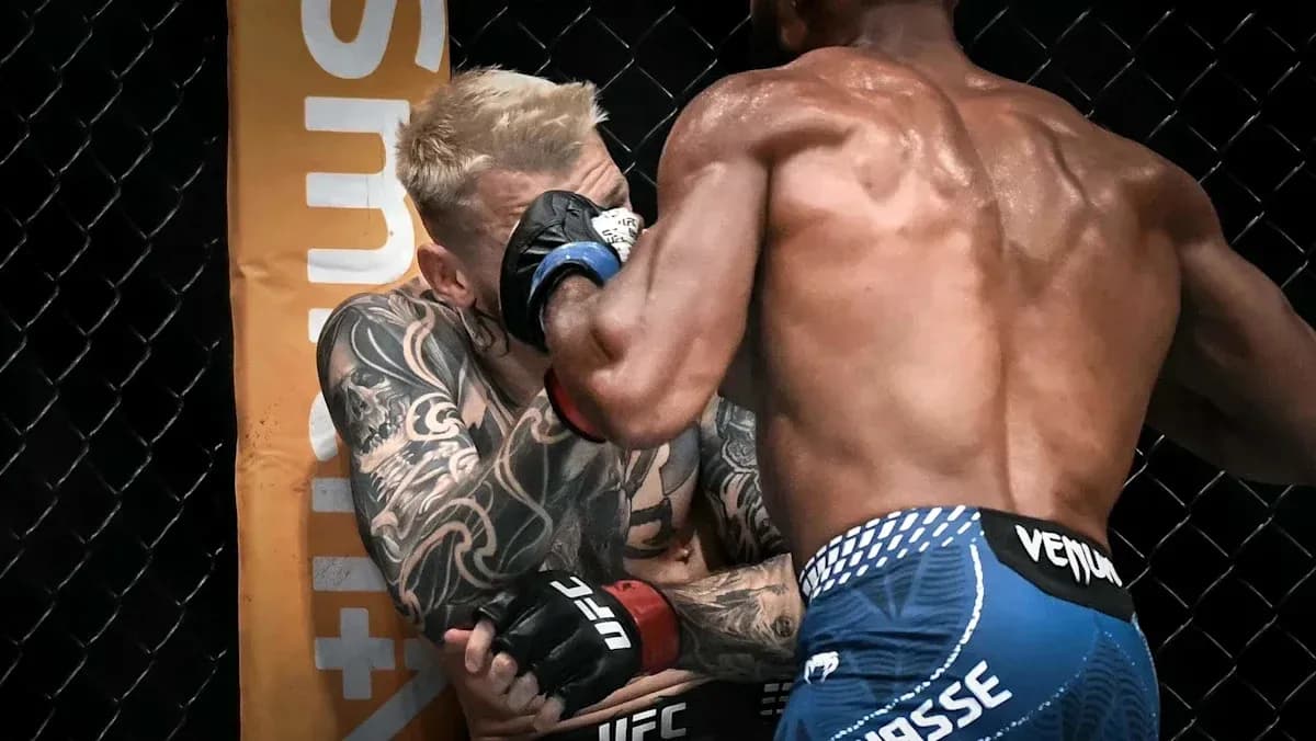 Two fighters engaged in a close combat exchange