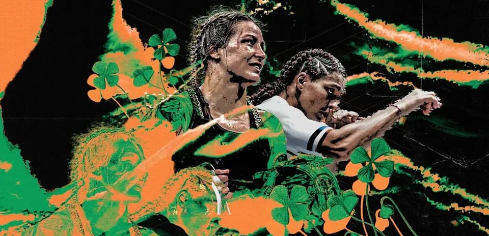 Two female fighters with stylized background elements