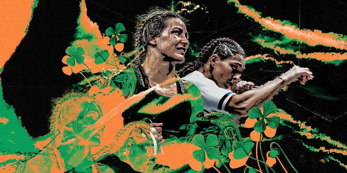 Two female fighters with stylized background elements