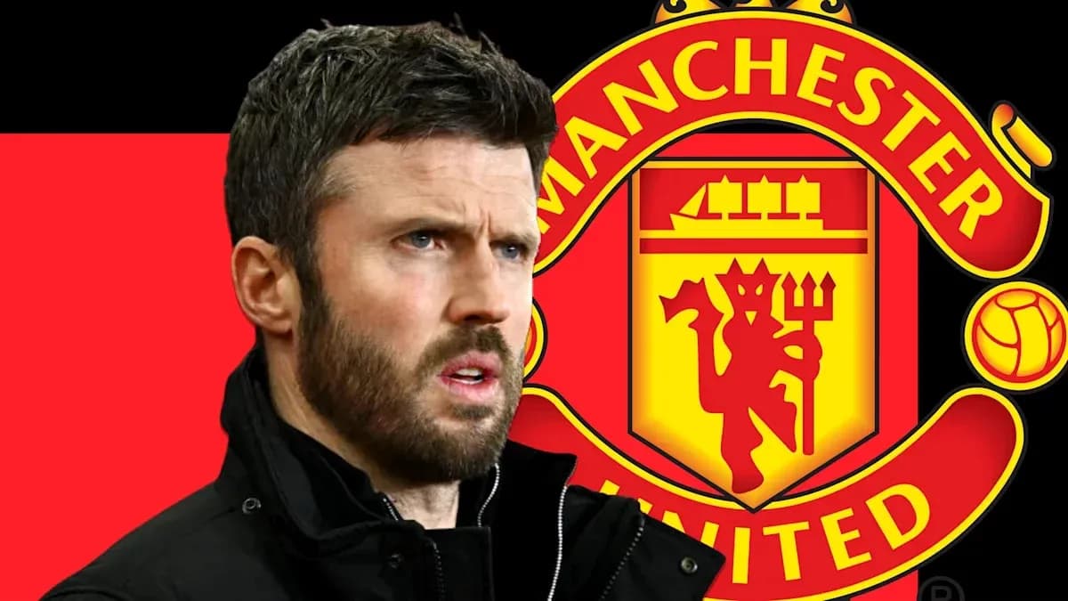 Man in black jacket with Manchester United logo background