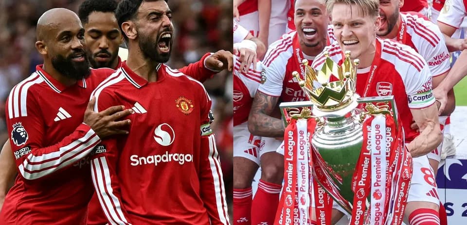 Manchester United players celebrating alongside Arsenal trophy presentation