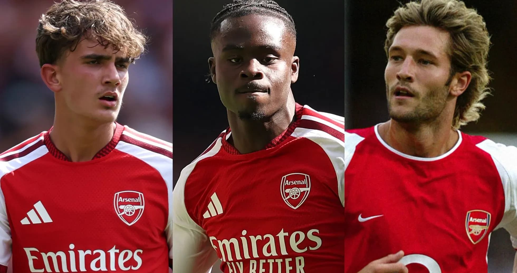 Three Arsenal players in red jerseys on field