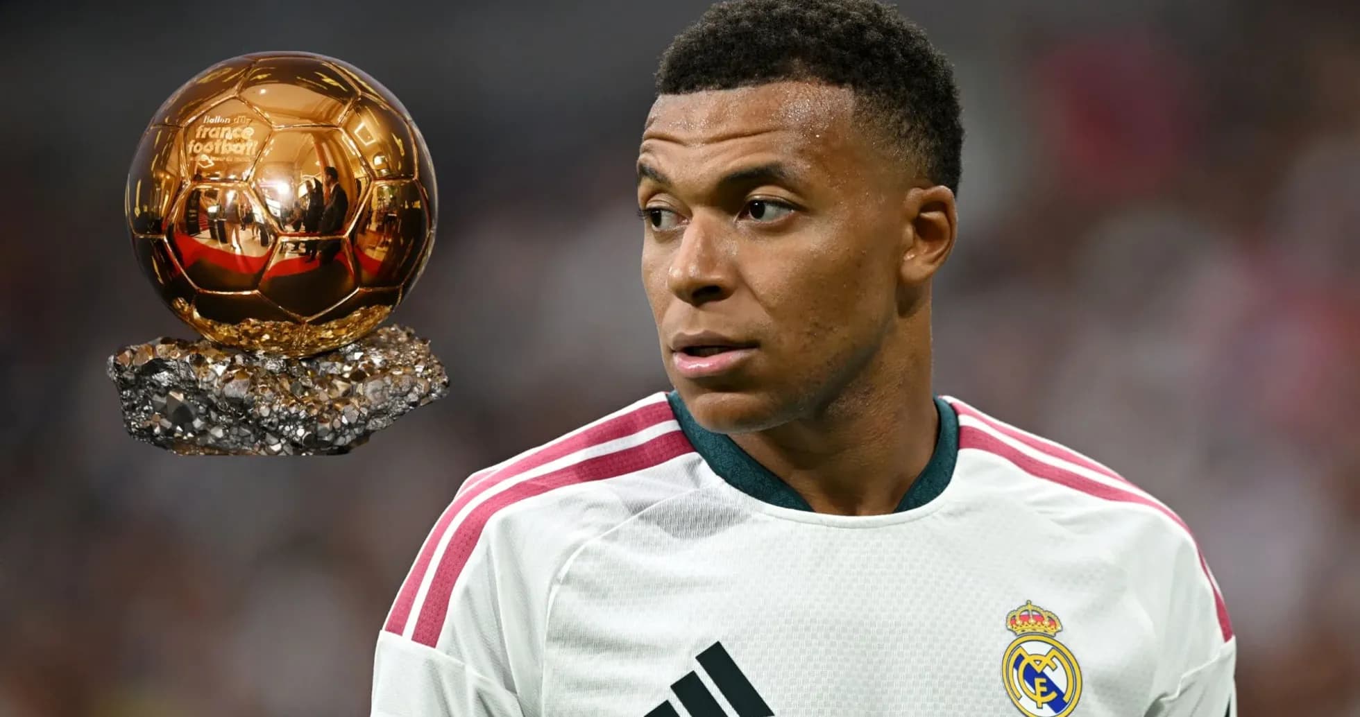 Kylian Mbappé with Ballon d'Or trophy in background