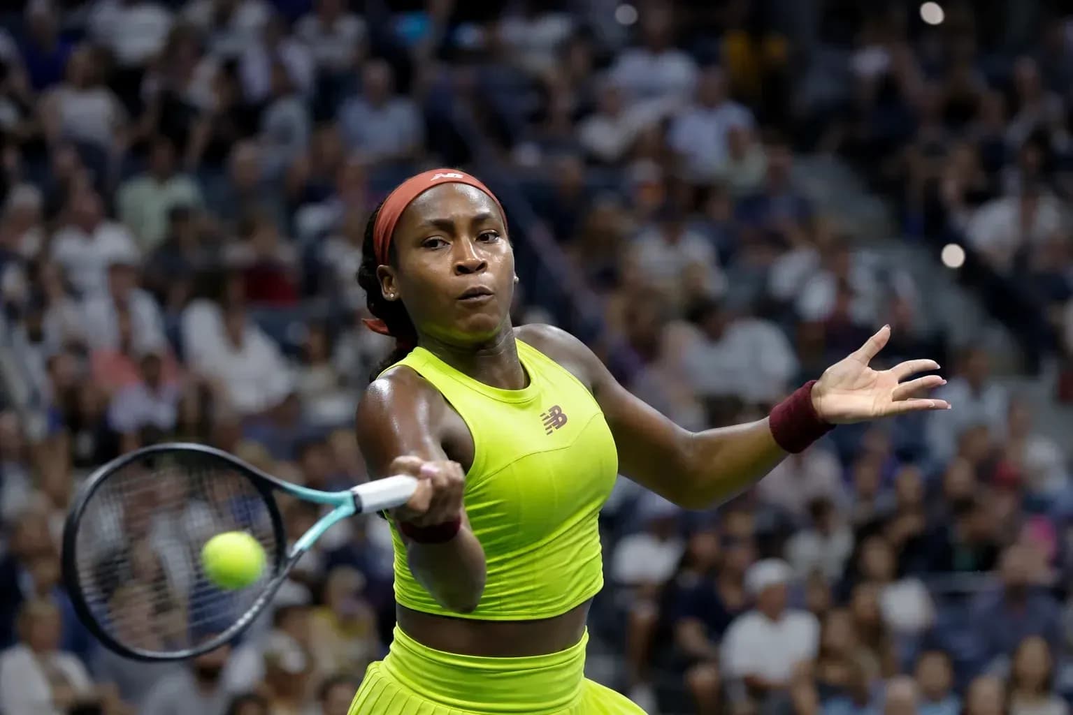 Coco Gauff hitting a forehand during a match